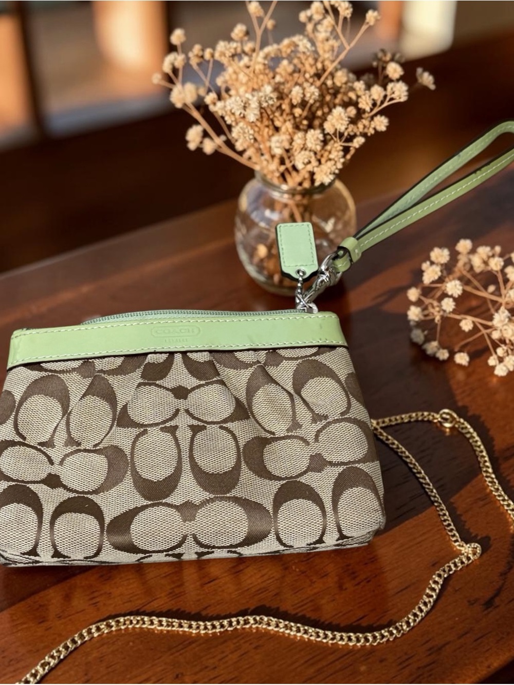 Coach Signature Canvas & Pale Sage Patent Leather Wristlet